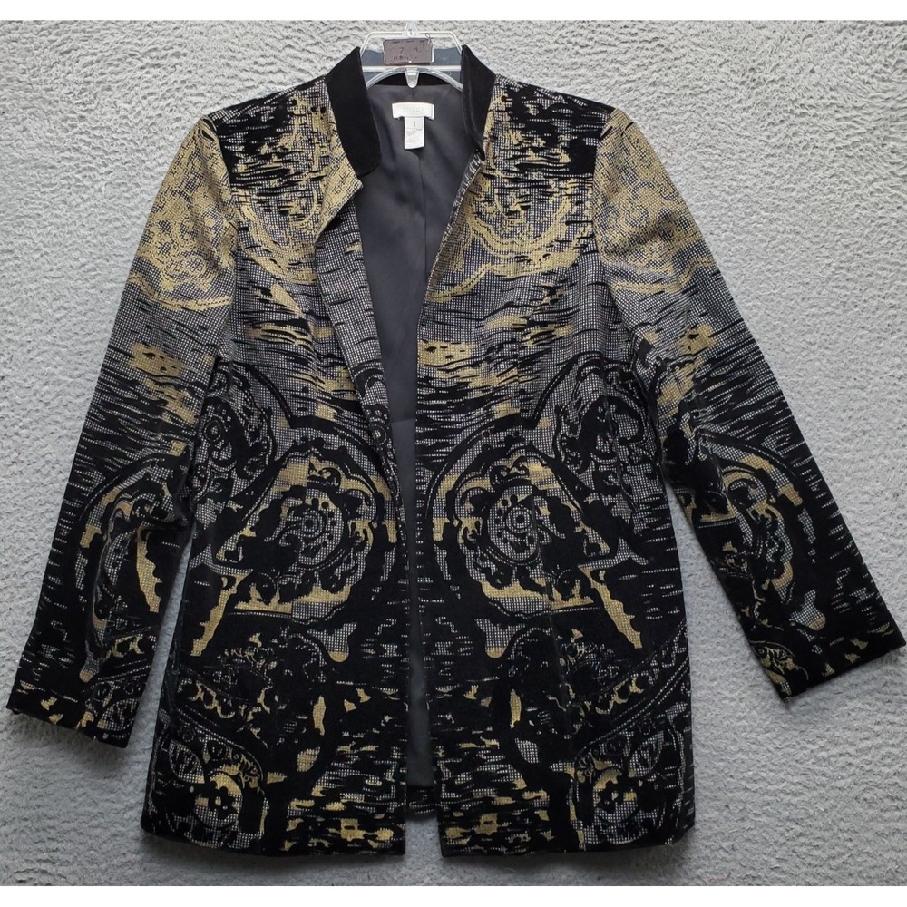 Chico's Jacket Womens Medium Multi Tapestry Print Velvet Long Sleeve Open Front